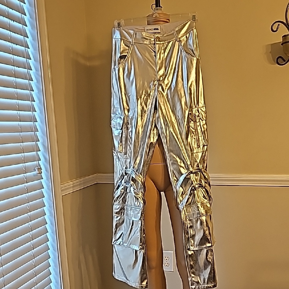 Fashion Nova Silver Metallic Cargo Pants